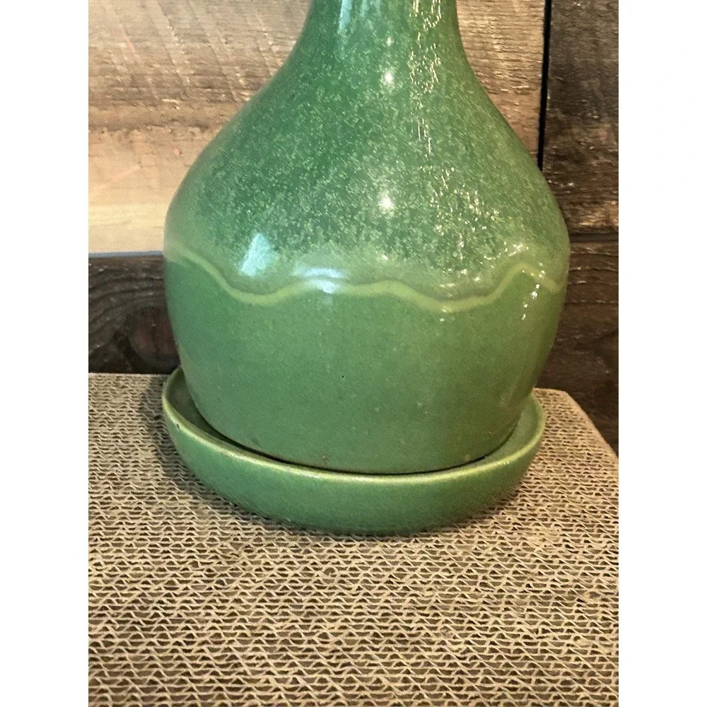 Ceramic Vase Pot Attached Drip Plate Green Glaze Vintage Terra Beautiful‎